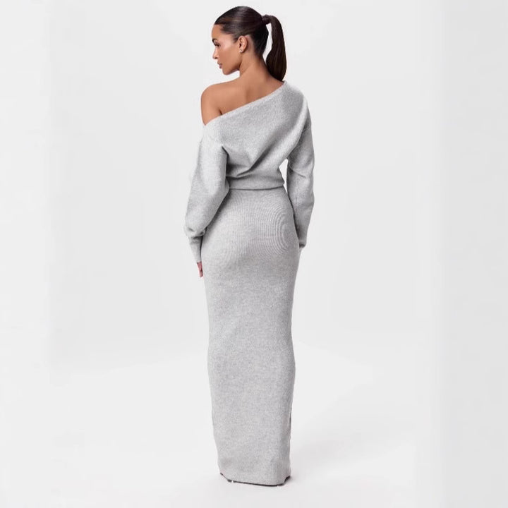 Women's One-Shoulder Maxi Knit Dress with Oversized Sleeves Mune Fashion