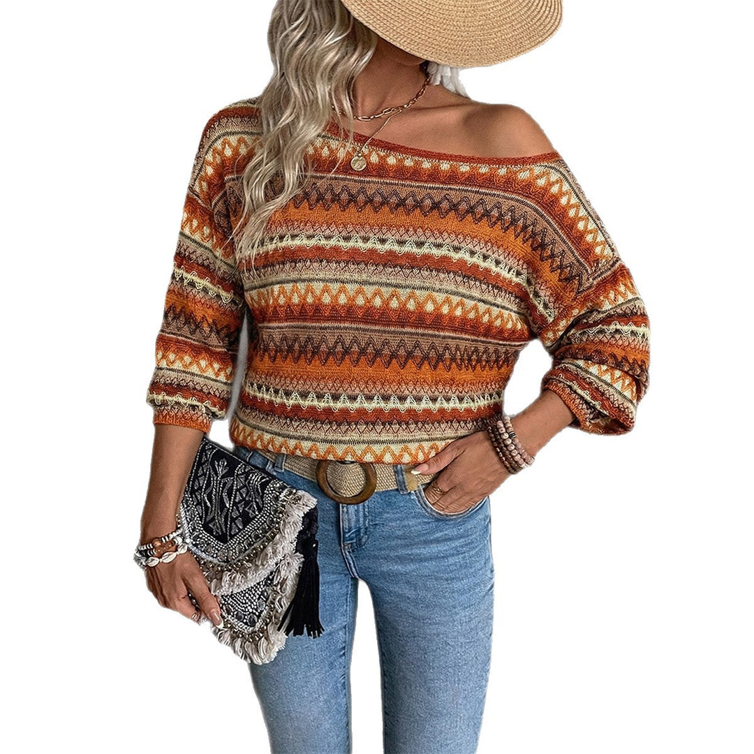Women's oversized knit sweater with asymmetrical shoulder cut and Norwegian pattern Mune Fashion