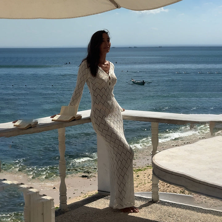 Women's crocheted maxi dress with deep V-neck and wide sleeves Mune Fashion
