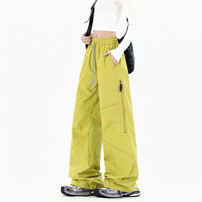 Women Wide Utility Cargo Pants with Elastic Waistband and Zipper Pockets Mune Fashion
