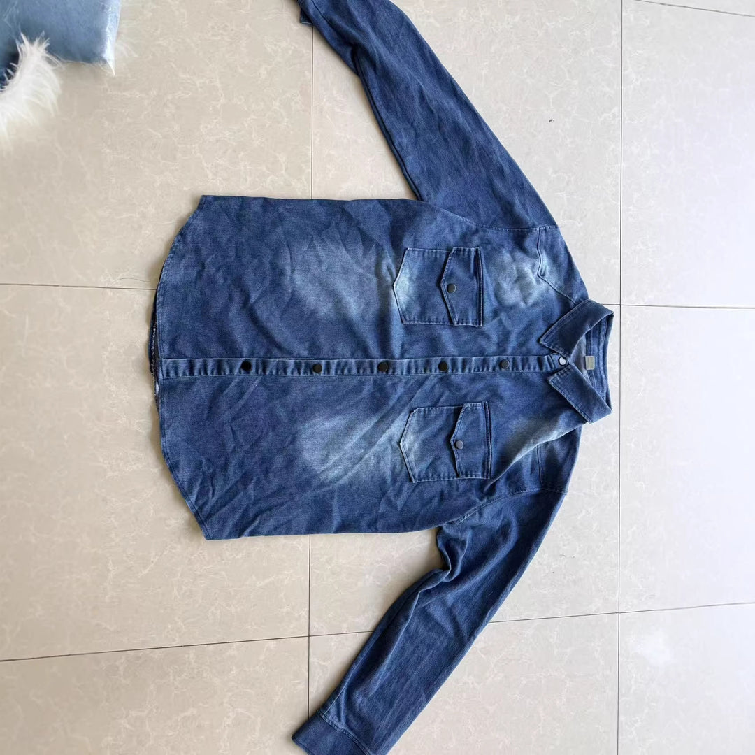 Men's oversized denim shirt jacket with curved hem and patch pockets Mune Fashion