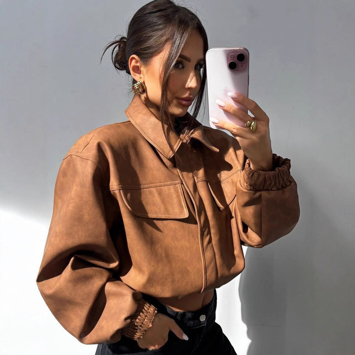 Women short cut faux leather jacket with patch chest pockets Mune Fashion