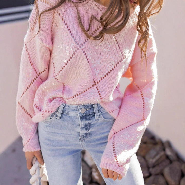 Women Chunky Knit Oversized Sweater with Openwork Diamond Pattern and Sequins Mune Fashion