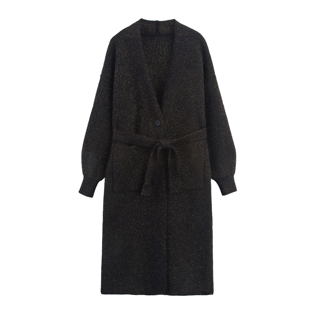 Women's Long Cardigan with Tie Belt, Patch Pockets and Deep V-Neck Mune Fashion