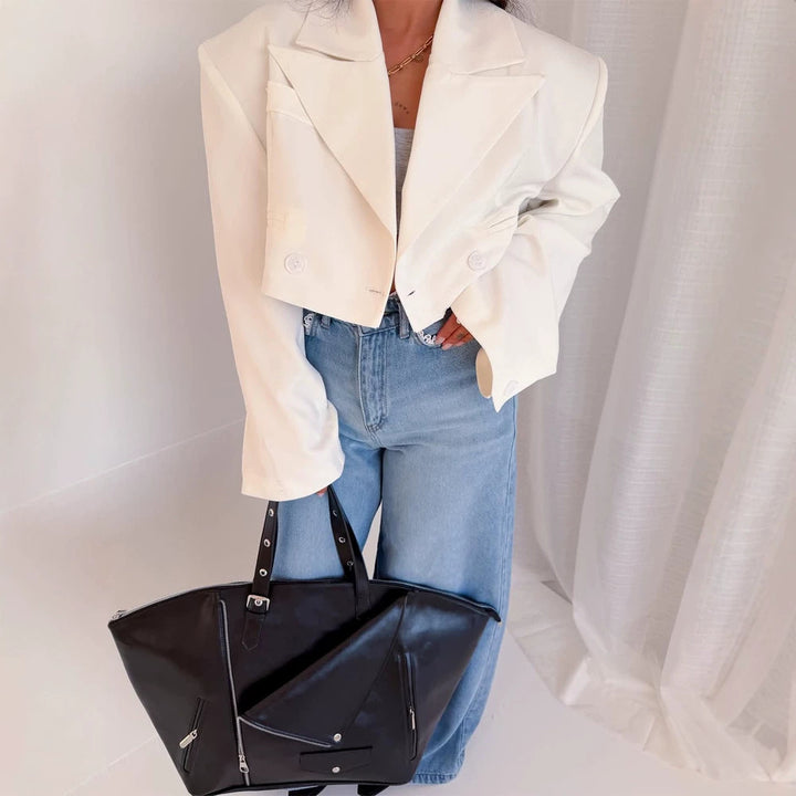 Women Cropped Boxy Short Blazer with Boxy Silhouette and Extra Long Sleeves Mune Fashion