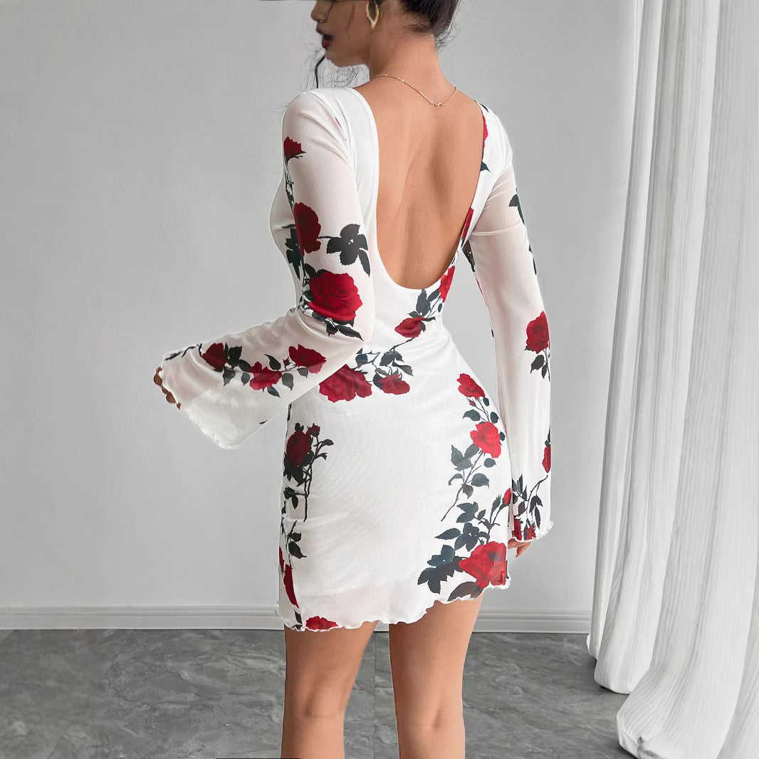 Women's figure-hugging mini dress with rose pattern and trumpet sleeves Mune Fashion