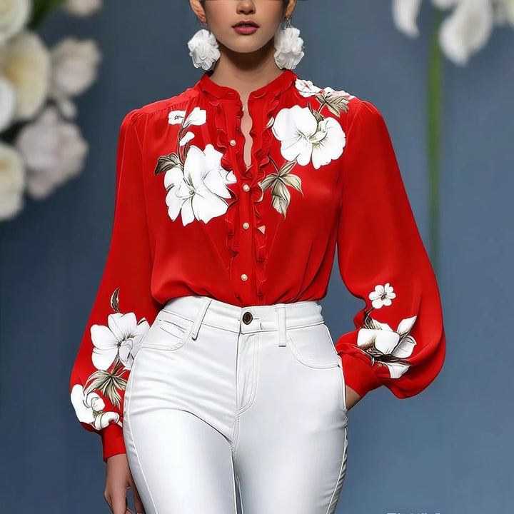 Women's silk blouse with ruffle trim and floral appliqué Mune Fashion