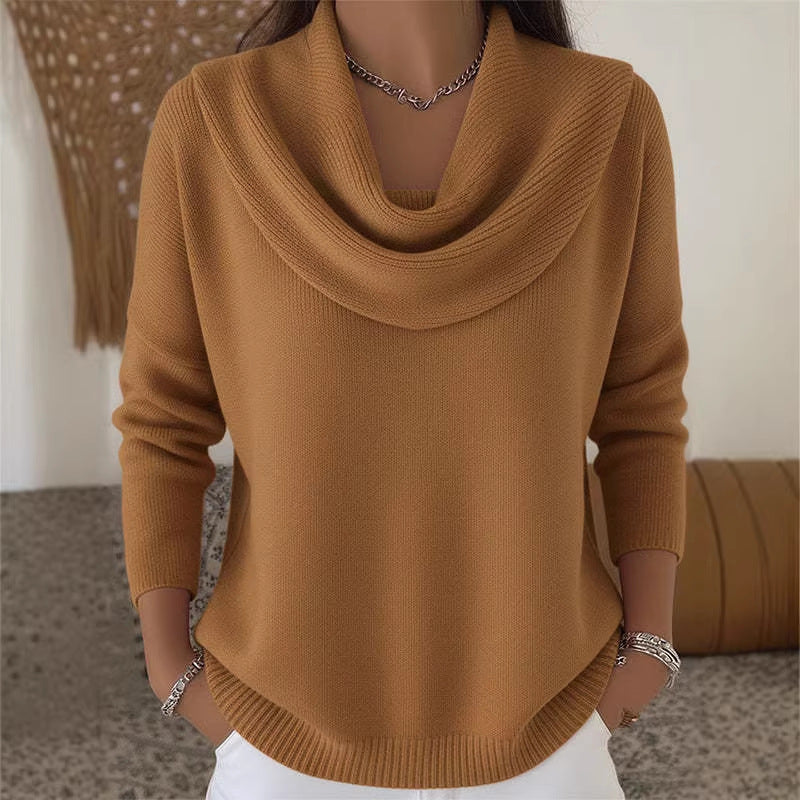 Women's fine knitted pullover with waterfall collar and ribbed hem Mune Fashion