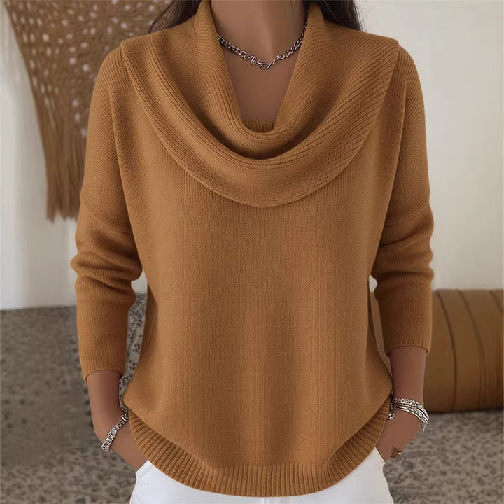 Women's fine knitted pullover with waterfall collar and ribbed hem Mune Fashion