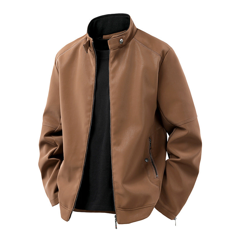 Men's Casual Leather-Look Blouson with Stand-Up Collar and Concealed Zipper Mune Fashion