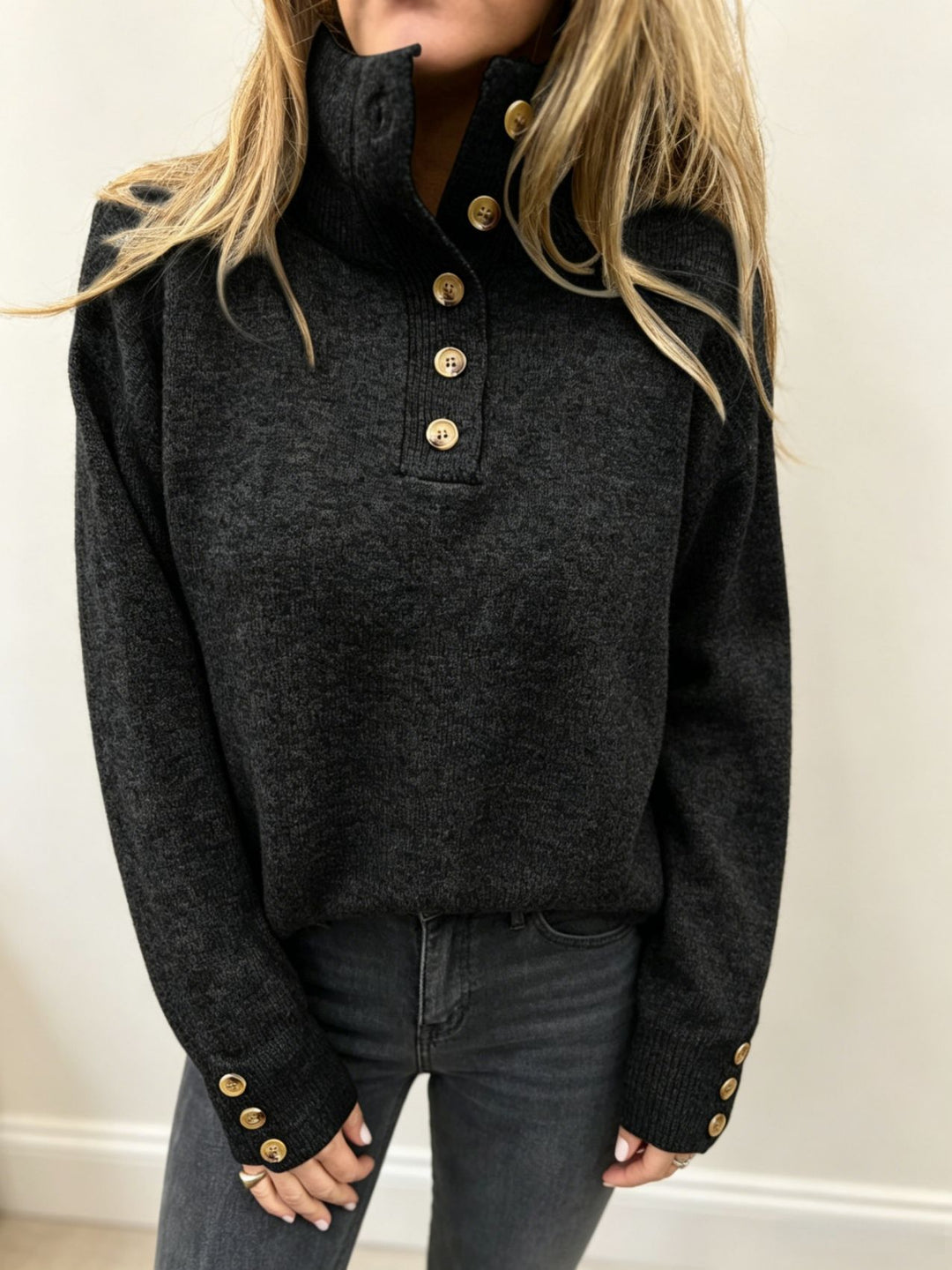 Women's knit sweater with high button collar, decorative front placket and decorative buttons Mune Fashion