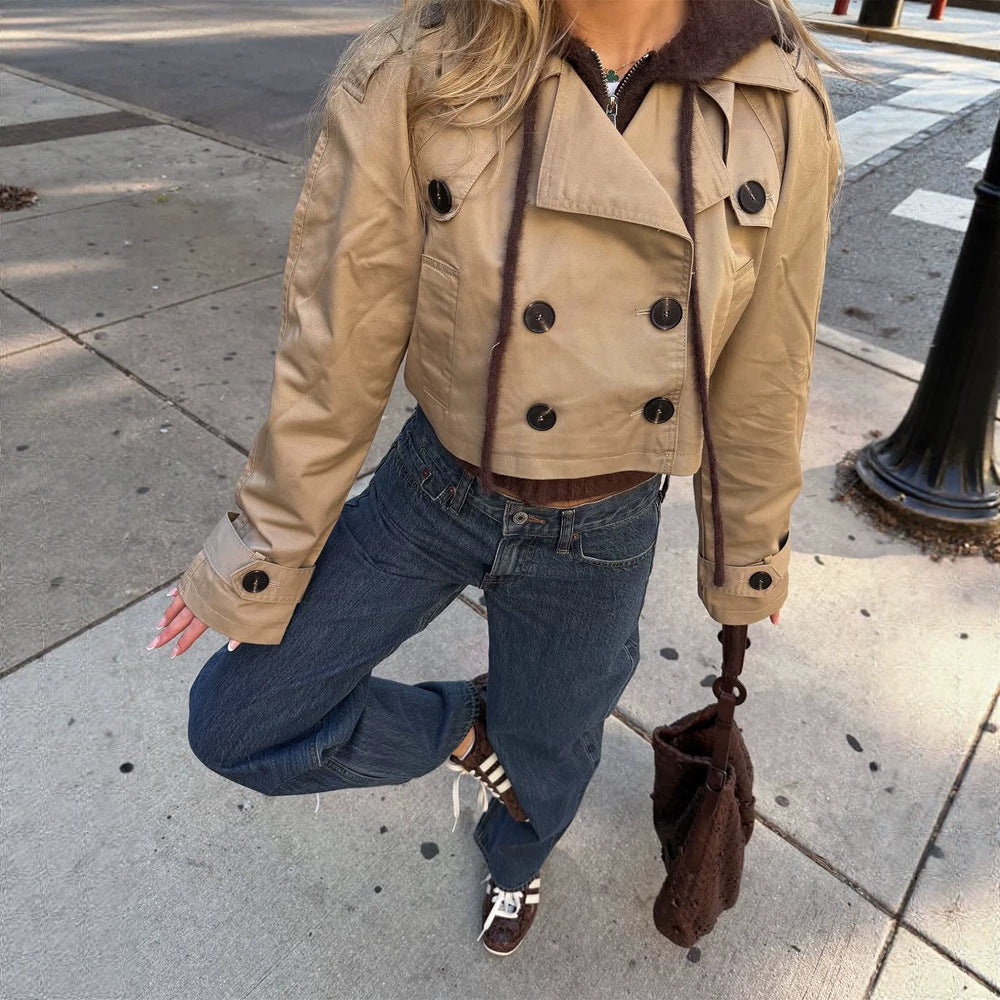 Women's Short-Cut Trench Blouson with Double-Breasted Button Placket and Shortened Silhouette Mune Fashion