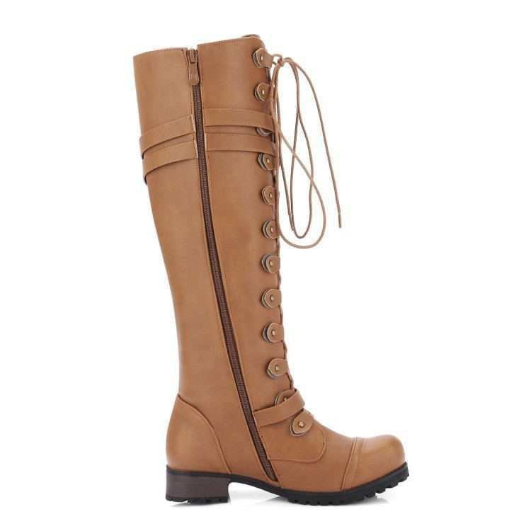 Women's knee-high lace-up boots with adjustable decorative buckles and robust tread sole Mune Fashion