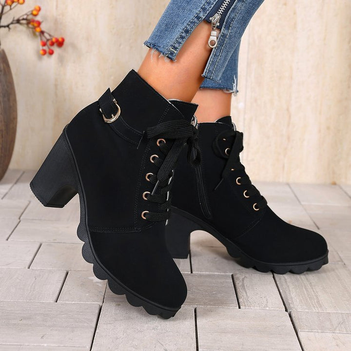 Women ankle-high lace-up ankle boots with side zipper, decorative belt loop, medium-high block heel, and strong-profiled outsole Mune Fashion