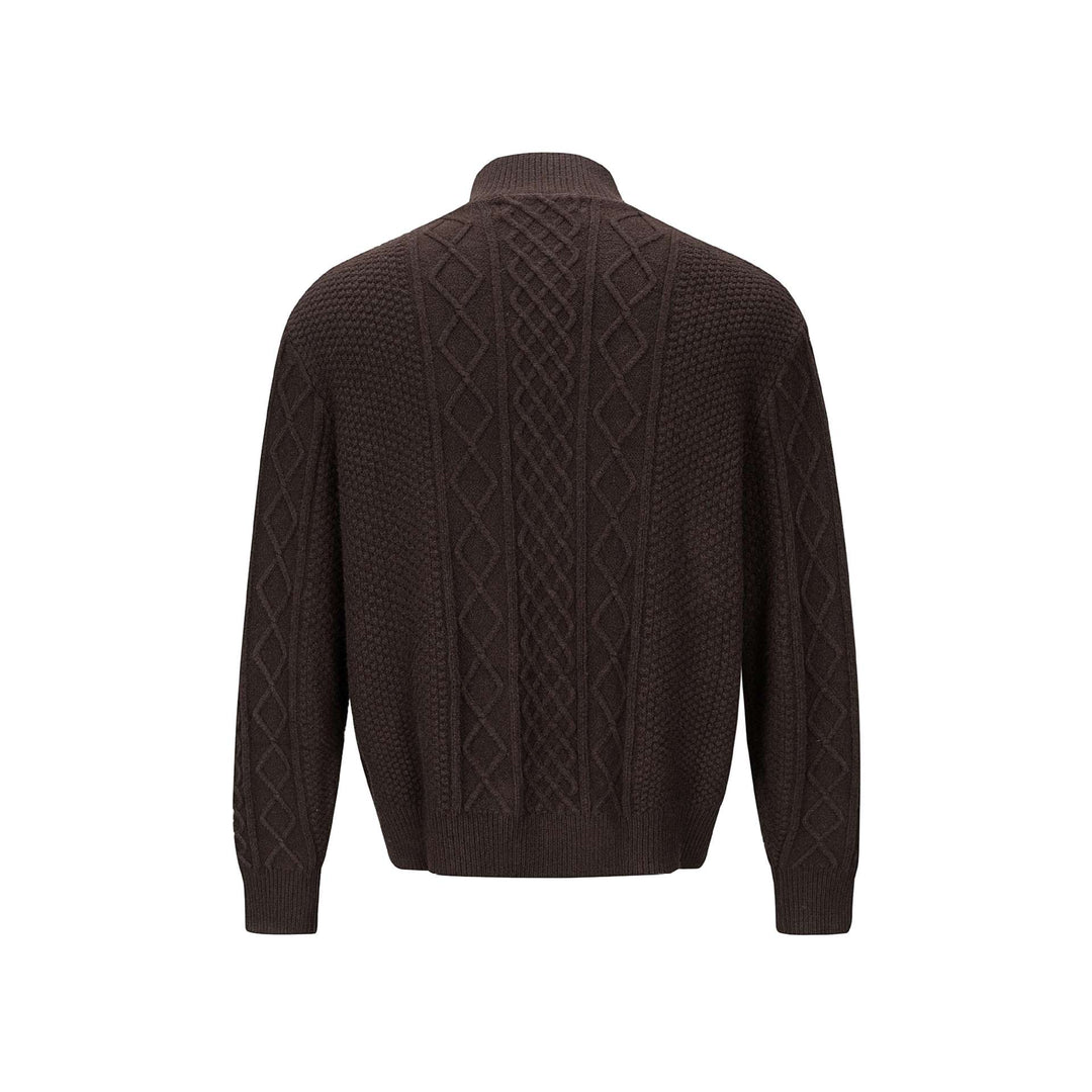 Men's knitted cardigan with cable pattern, standing collar and buttoned front Mune Fashion