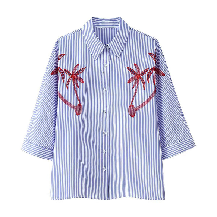 Women Oversized Shirt Blouse with Pinstripes, Palm Embroidery and Three-Quarter Sleeves Mune Fashion