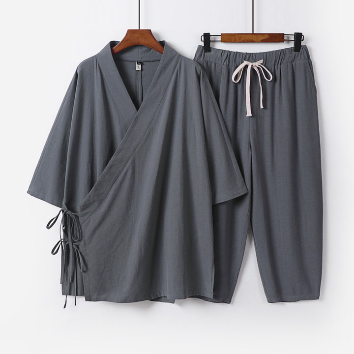 Men's Kimono Loungewear Set with Wrap Top, Drawstring Waist Pants and Loose Fit Mune Fashion