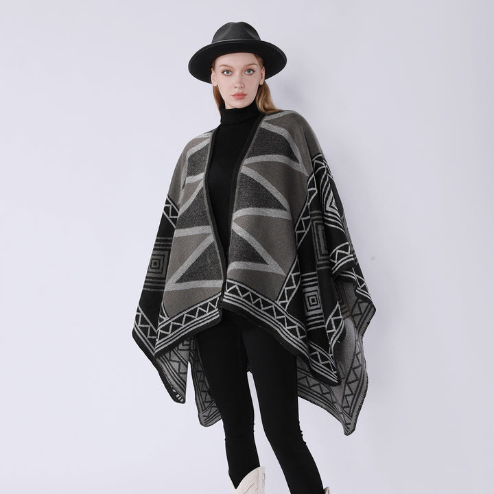 Women Geometric Wool Blend Overthrow Poncho with Overlock Edge Mune Fashion