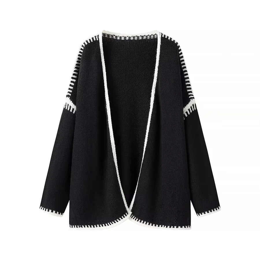 Ladies oversized knitted cardigan with contrast decorative seams and open front Mune Fashion