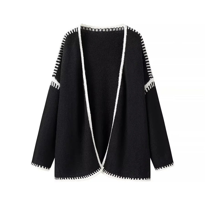 Ladies oversized knitted cardigan with contrast decorative seams and open front Mune Fashion