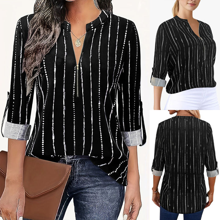 Women's Lightweight Viscose Blouse with Stand-up Collar, Zipper and Vertical Polka Dot Stripes Mune Fashion