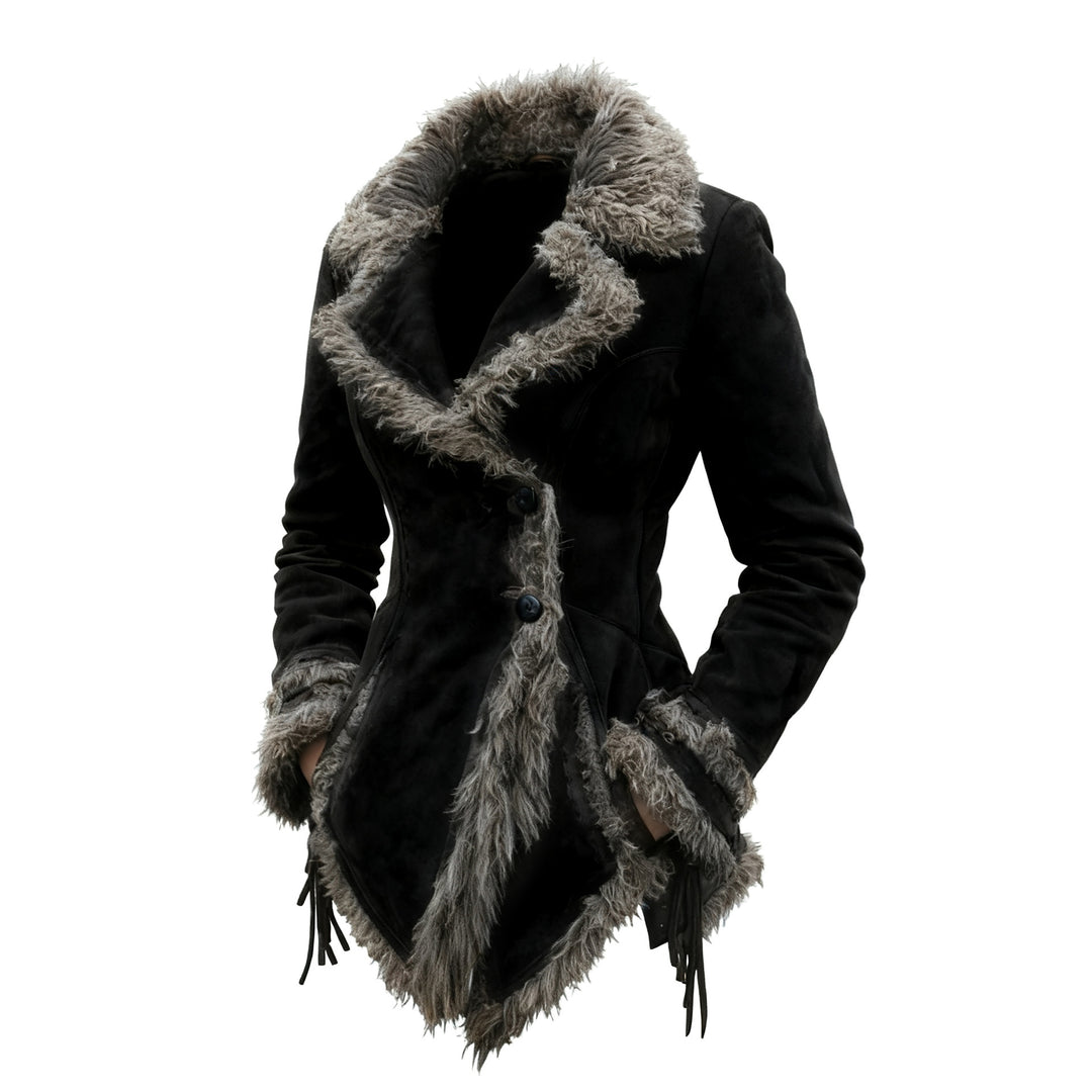 Women faux suede tailored coat with cozy faux fur trim and fringe Mune Fashion