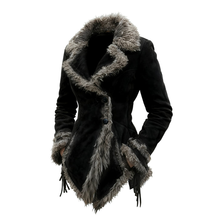 Women faux suede tailored coat with cozy faux fur trim and fringe Mune Fashion