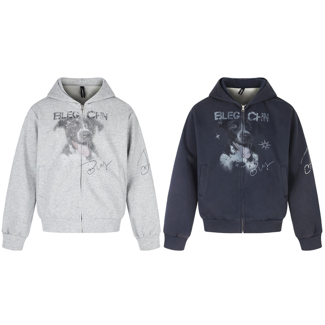 Unisex Short Cut Hooded Zip Jacket with Graphic Dog Print and Ribbed Hem Mune Fashion