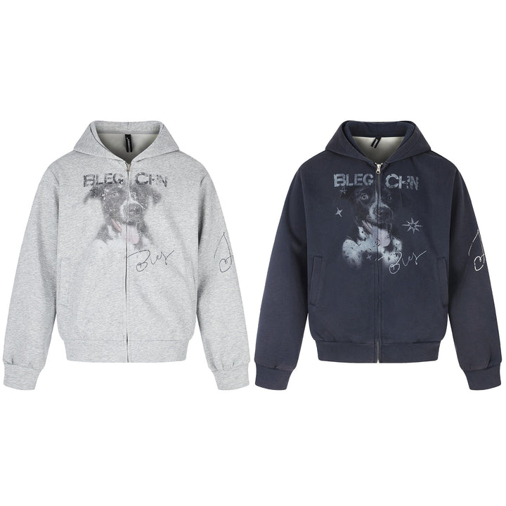 Unisex Short Cut Hooded Zip Jacket with Graphic Dog Print and Ribbed Hem Mune Fashion