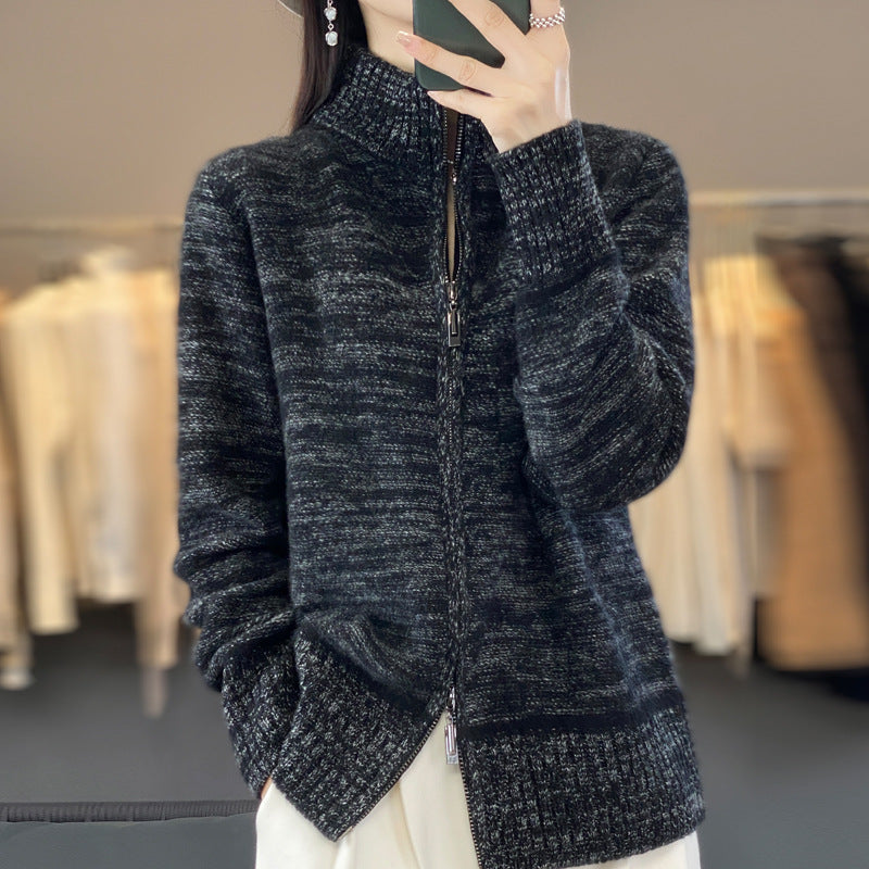 Women's zip-up cardigan with mottled texture and stand-up collar Mune Fashion
