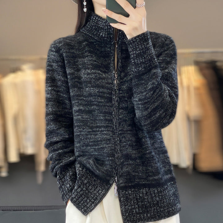 Women's zip-up cardigan with mottled texture and stand-up collar Mune Fashion