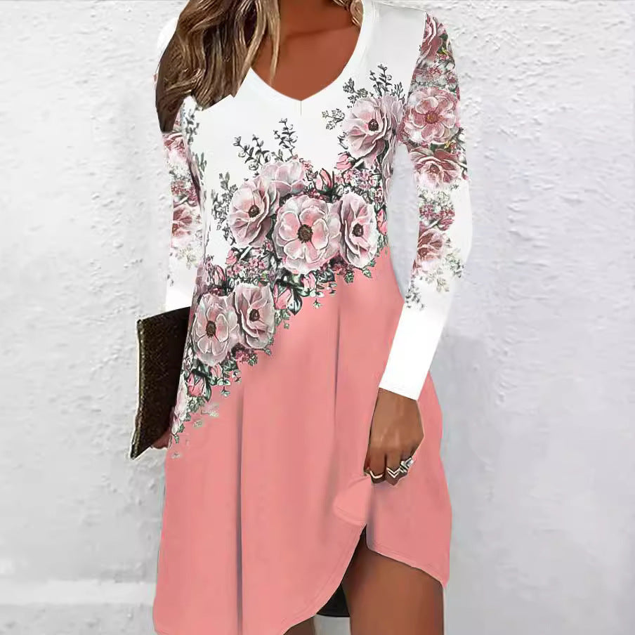 Women's V-back dress with V-neck, long sleeves, floral diagonal print, and side slit Mune Fashion