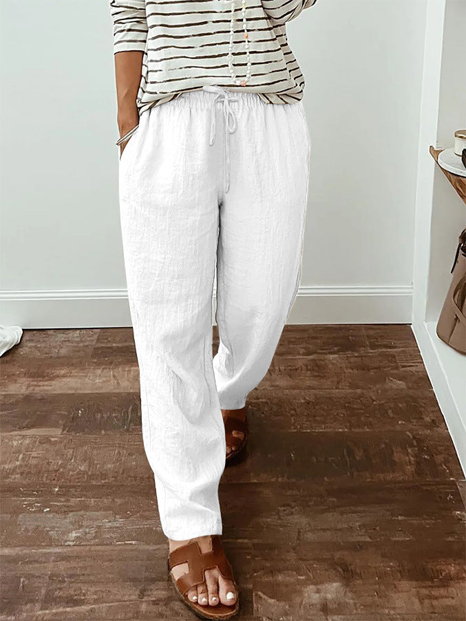 Women's lightweight linen look pants with elastic drawstring, front pockets and wide leg Mune Fashion