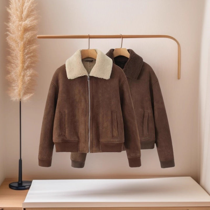 Women's Short Cut Teddy-Lined Suede Look Flight Jacket with Zipper Mune Fashion