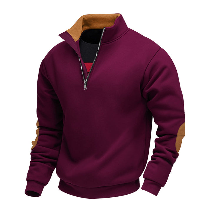 Men's nan Sweatshirt with half zipper, stand collar, and suede elbow patches Mune Fashion