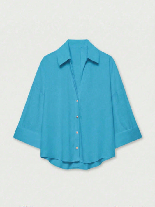Women's Lightweight Oversized Linen Look Blouse with Three-Quarter Sleeves and Full Button Placket Mune Fashion