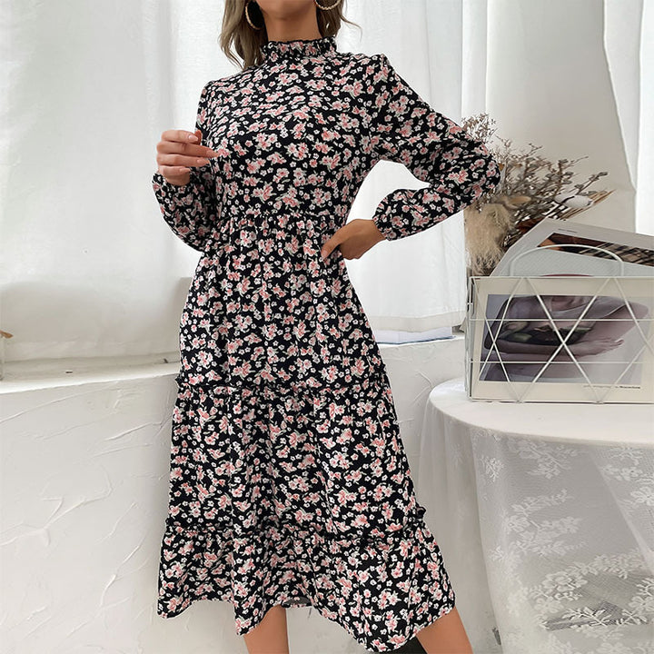 Women Elegant Long Sleeve Dress with Floral Pattern and Ruffle Details Mune Fashion