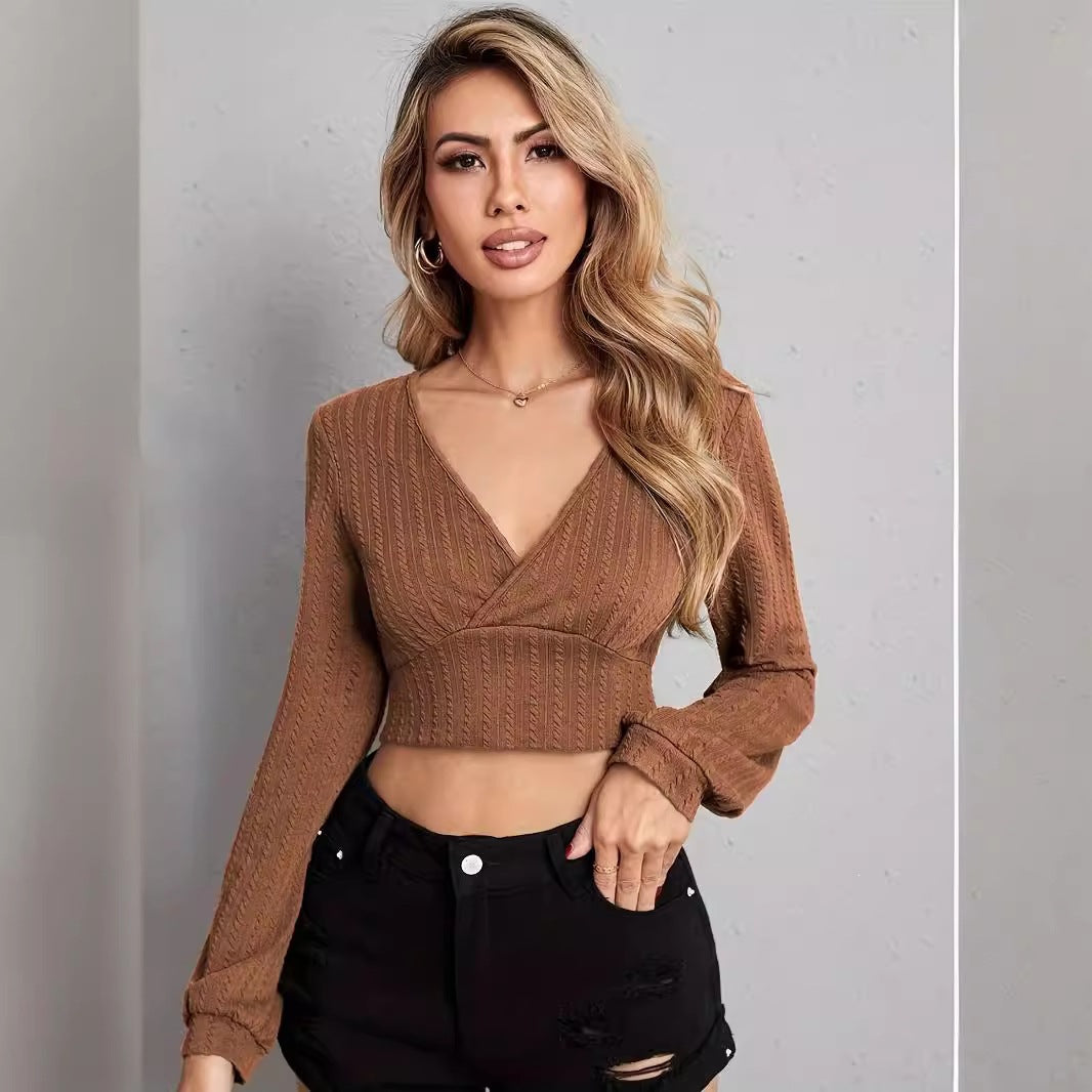 Women's Ribbed Cropped Wrap Knit Top with V-Neck Mune Fashion