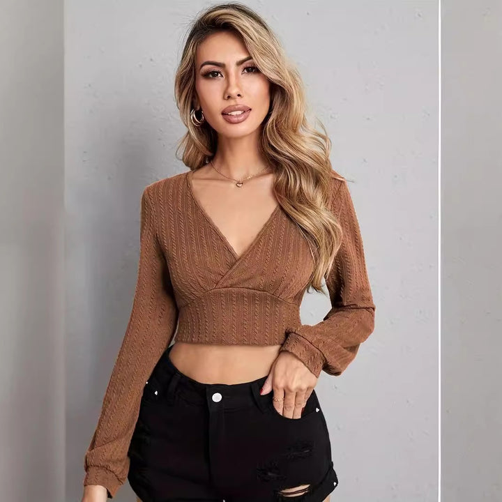 Women's Ribbed Cropped Wrap Knit Top with V-Neck Mune Fashion