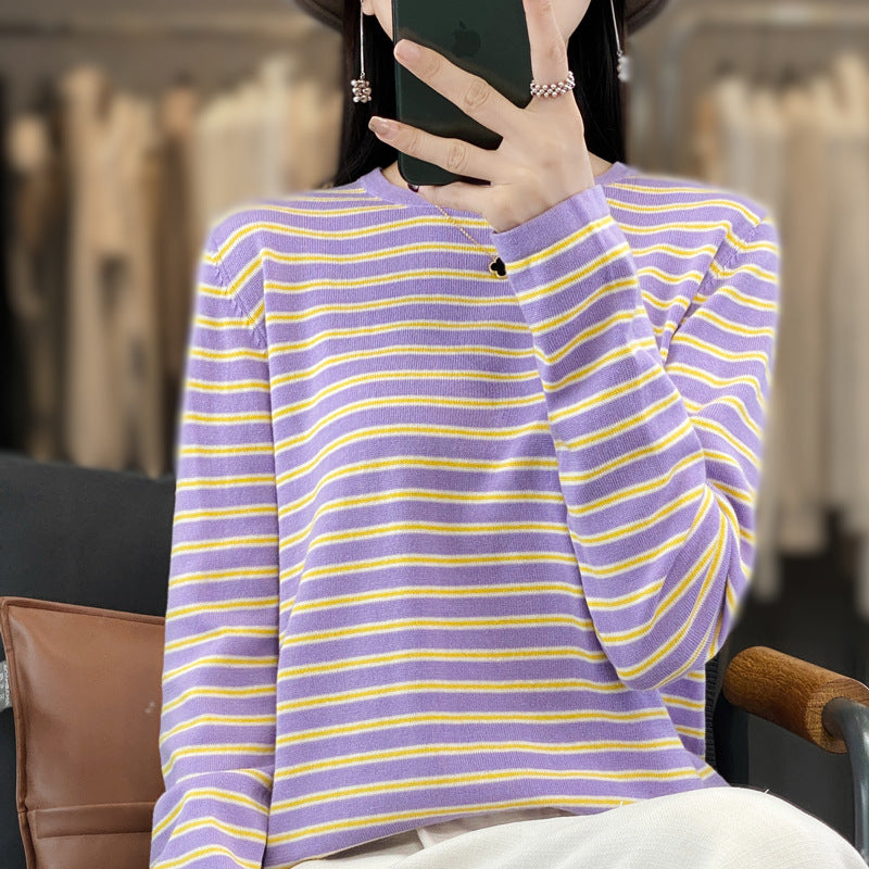Women Light Cotton Blend Stripe Sweater with Round Neck, Raglan Sleeves and Casual Silhouette Mune Fashion