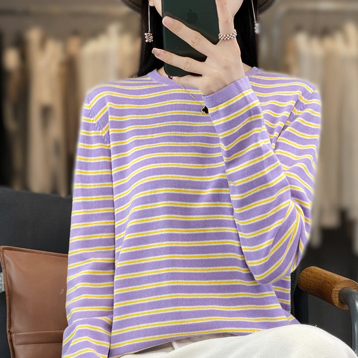 Women Light Cotton Blend Stripe Sweater with Round Neck, Raglan Sleeves and Casual Silhouette Mune Fashion