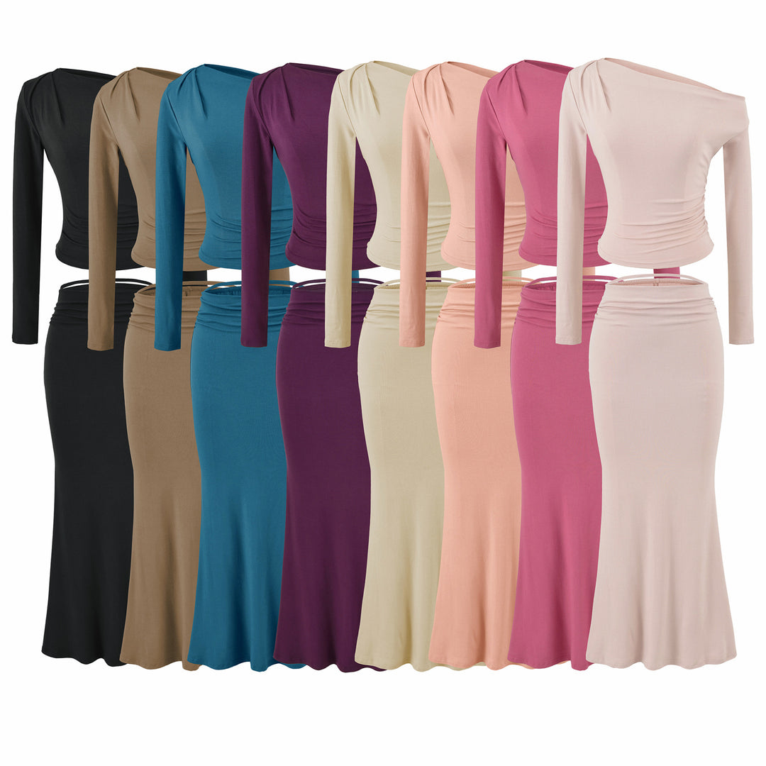Women's One-Shoulder Two-Piece Set with Ruched Crop Top and Fitted Maxi Skirt Mune Fashion