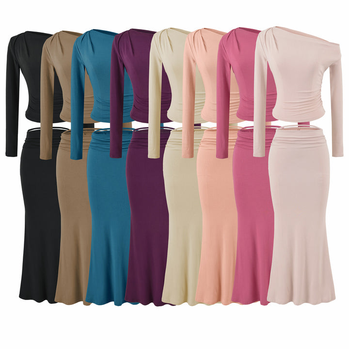 Women's One-Shoulder Two-Piece Set with Ruched Crop Top and Fitted Maxi Skirt Mune Fashion