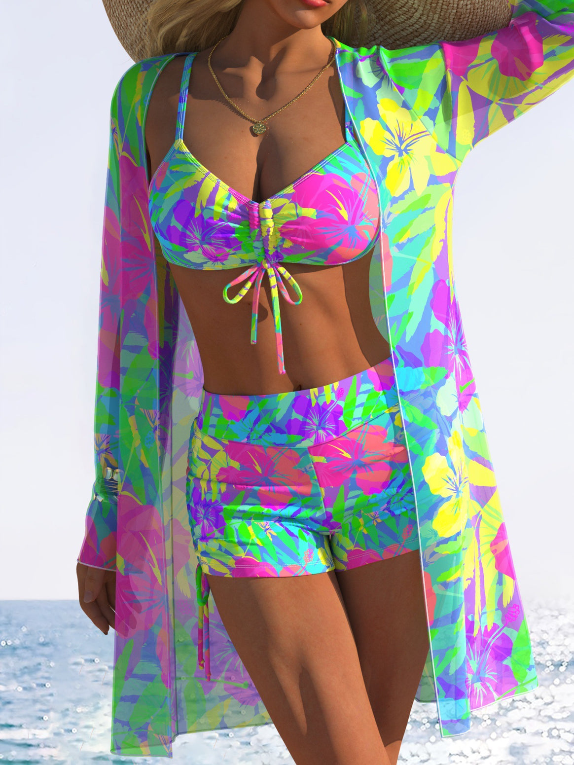 Women’s bikini set with floral design and swinging kimono Mune Fashion