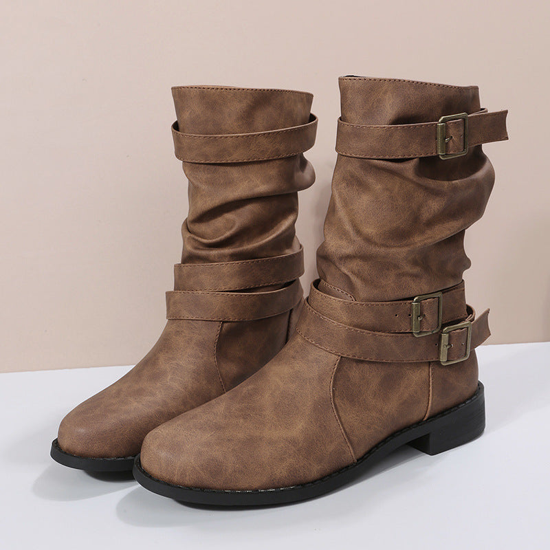 Ladies casual ankle-high ankle boots with gathered shaft, decorative buckle straps and flexible profile sole Mune Fashion