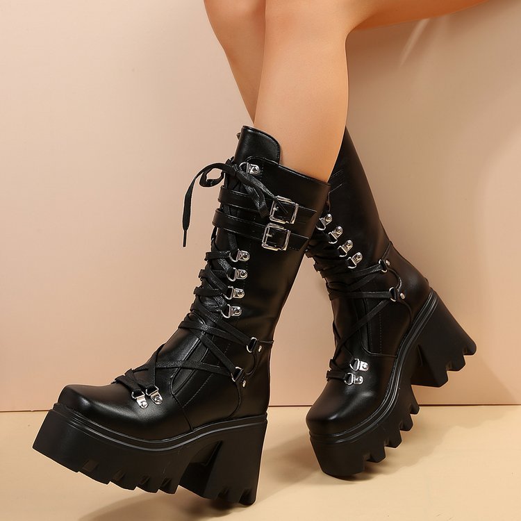 Women's Knee-High Platform Lug Biker Boots with Decorative Metal Hooks and Sturdy Tread Sole Mune Fashion