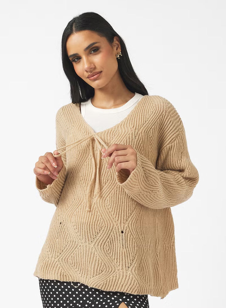 Women's Casual Knit Pullover with Tie Mune Fashion