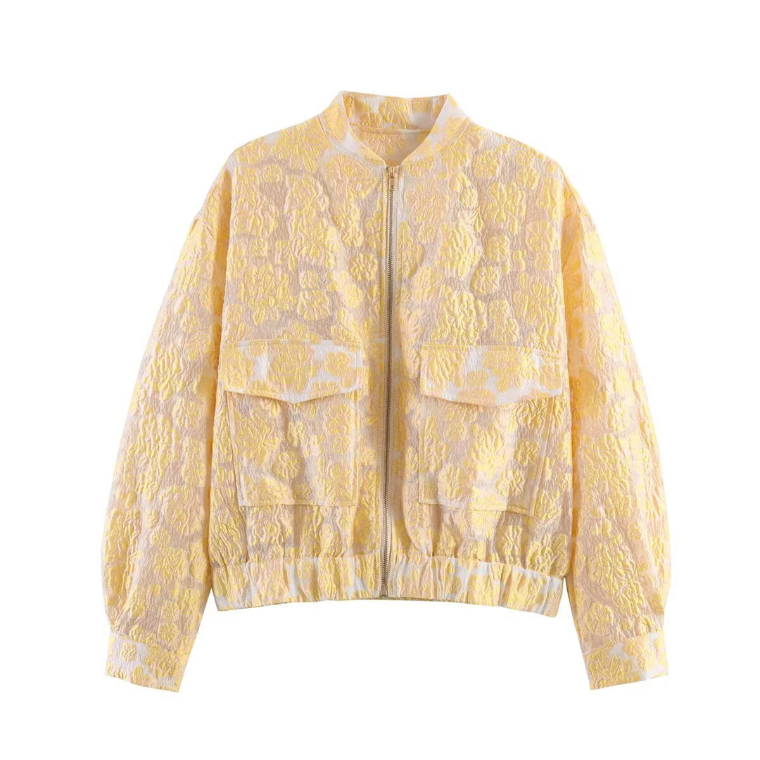 Women's non-quilted bomber jacket with floral jacquard texture, large flap pockets, and elastic hem Mune Fashion