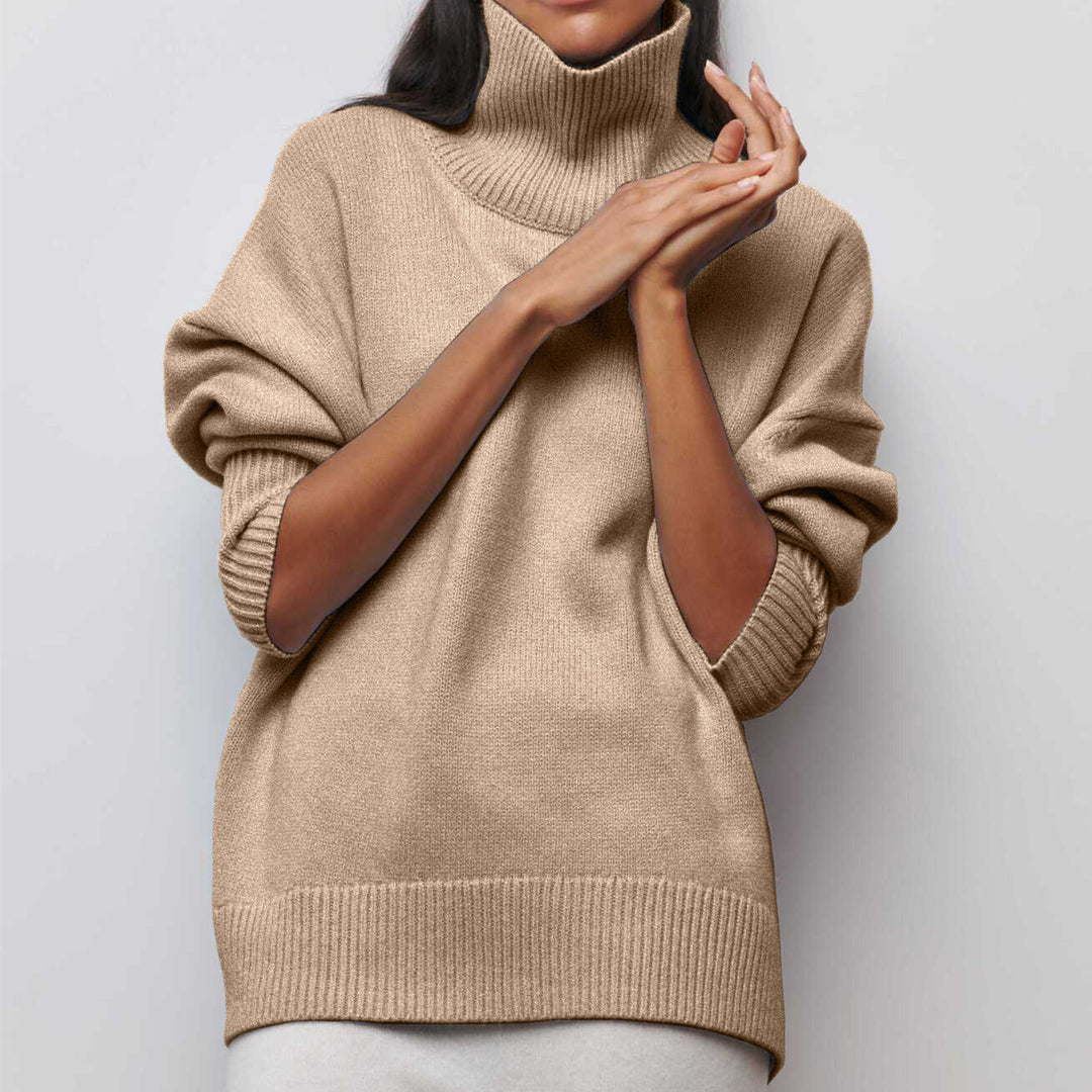 Women Cozy Oversized Turtleneck Sweater with Concealed Side Slits and Extra Long Ribbed Hem Mune Fashion