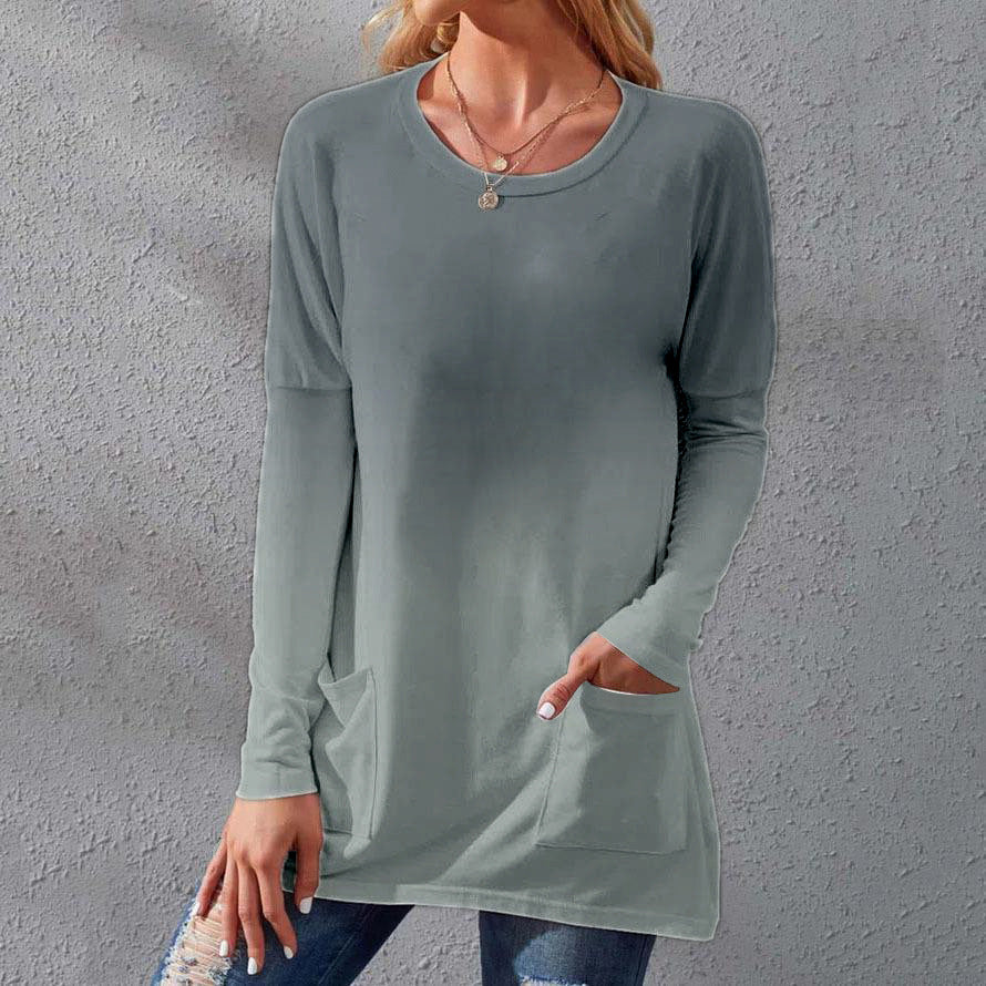 Women's Long Ombre Tunic Shirt with Round Neckline and Insert Pockets Mune Fashion